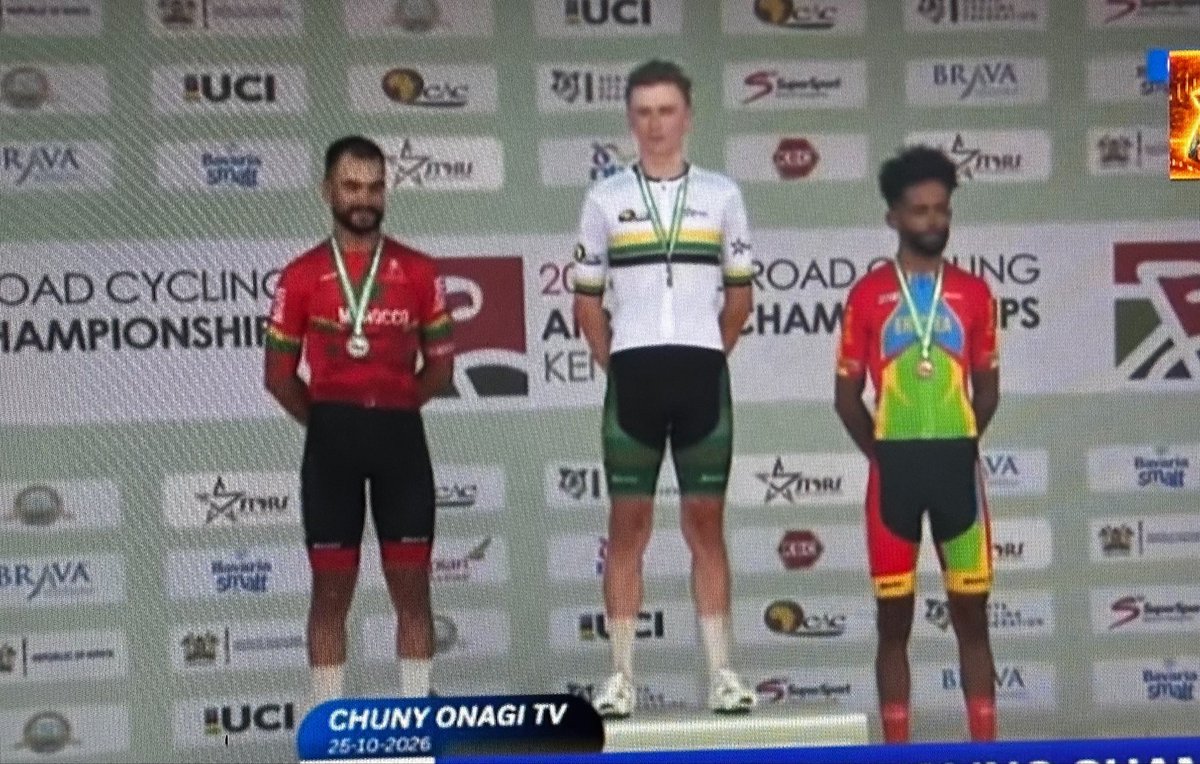 4AfricanVision's tweet photo. Fantastic performance by Team Eritrea at the 2026 CAC Road Cycling African Championships in Kisumu! 🥉 🇪🇷

🥉 Hebron Berhane - 3rd
🚴‍♂️ Merhawi Kudus - 6th
🚴‍♂️ Awet Aman - 9th

3 riders in the Top 10! 🇪🇷🔥

#Cycling #Eritrea #CAC2026 https://t.co/Nbqqz0n2MU