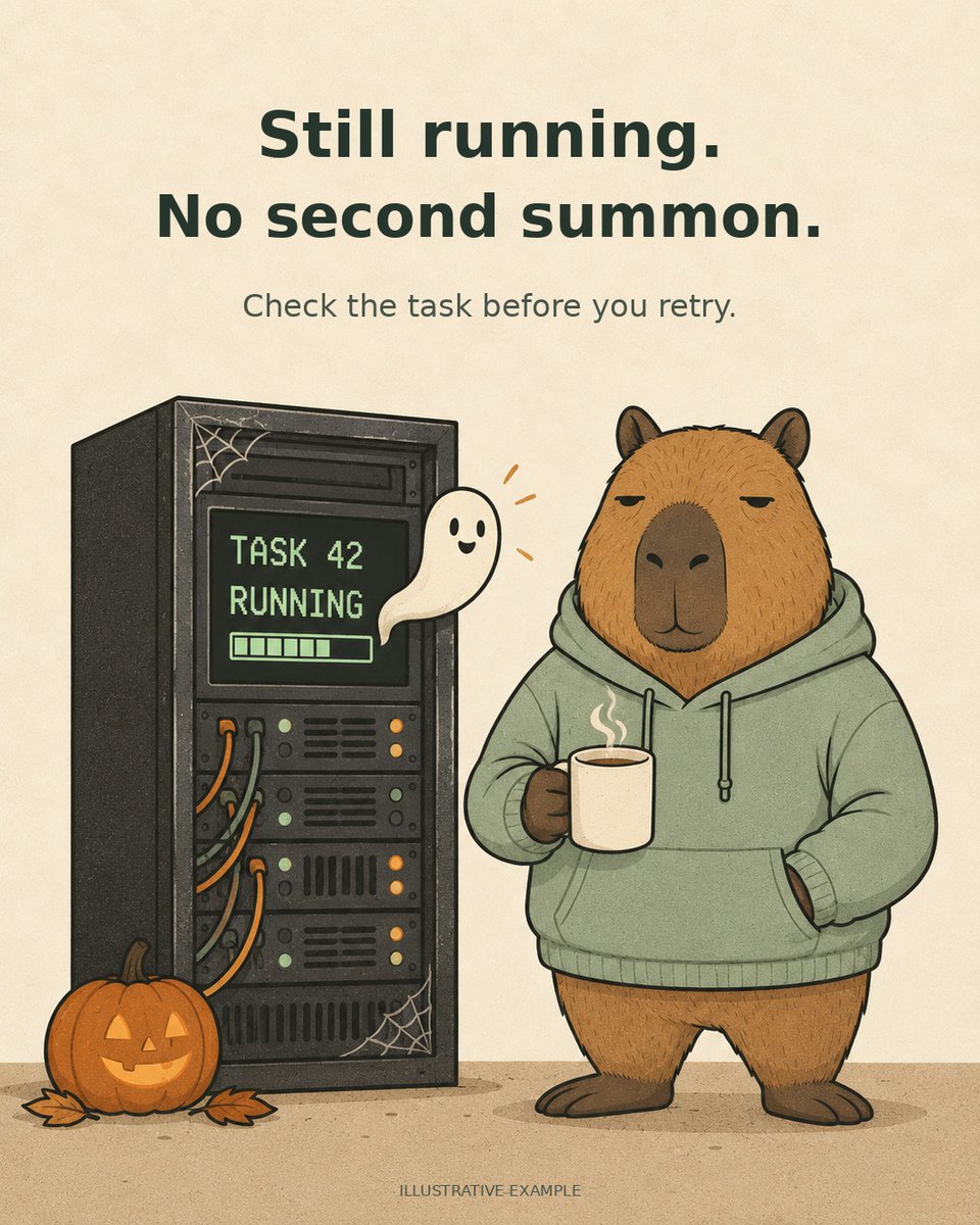 wearcapycoding's tweet photo. Your coding agent lost the connection. The remote job may still be running.

Before retrying: check the task ID, status and actual result. Reconcile an unknown outcome first.

One ghost in the queue is enough. https://t.co/tOy6mpbYo0