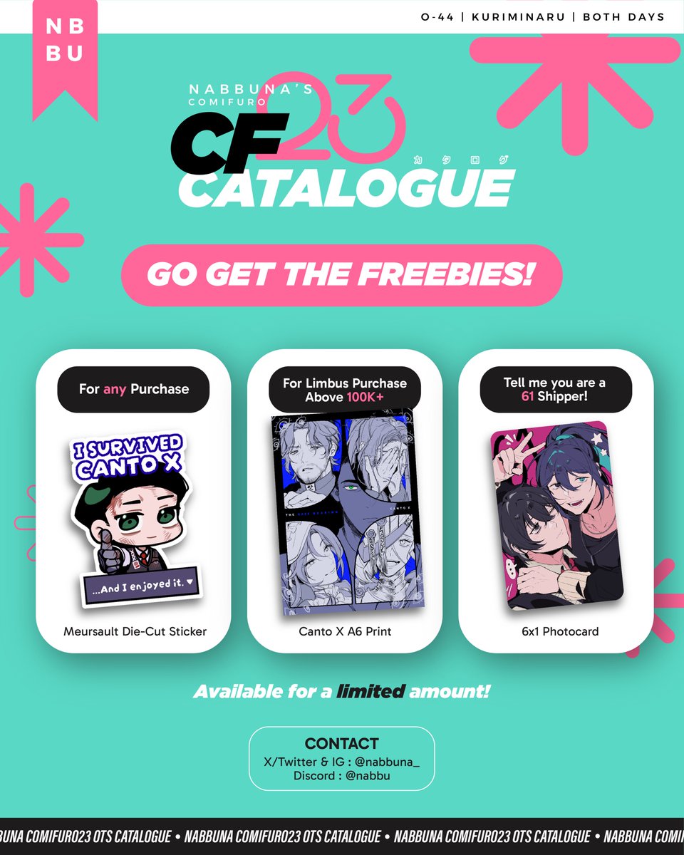 nabbuna_'s tweet photo. I haven't got the time to make a separate OTS catalogue (no change in items!) but here's the freebies for #CF23 ✨ It's limited, so please go grab it fast! https://t.co/lkFlSRXxgQ