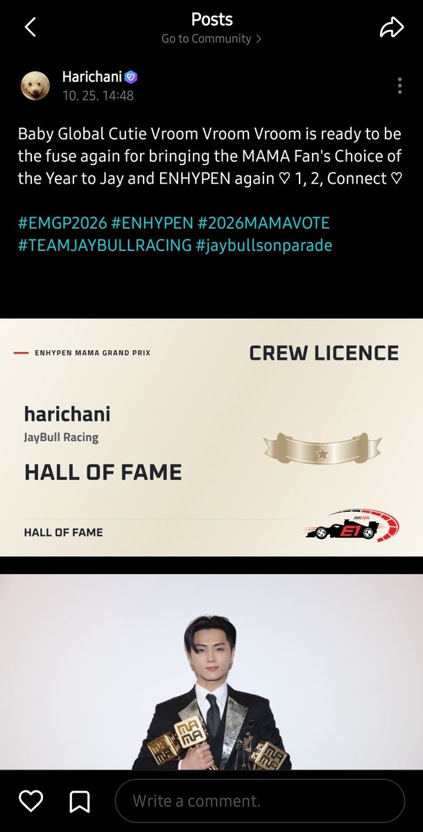 harichani's tweet photo. @ENMamaGrandPrix Baby Global Cutie Vroom Vroom Vroom is ready to be the fuse again for bringing the MAMA Fan's Choice of the Year to Jay and ENHYPEN again ♡ 1, 2, Connect ♡

#EMGP2026 #ENHYPEN #2026MAMAVOTE #TEAMJAYBULLRACING #jaybullsonparade https://t.co/UWhneFsl15