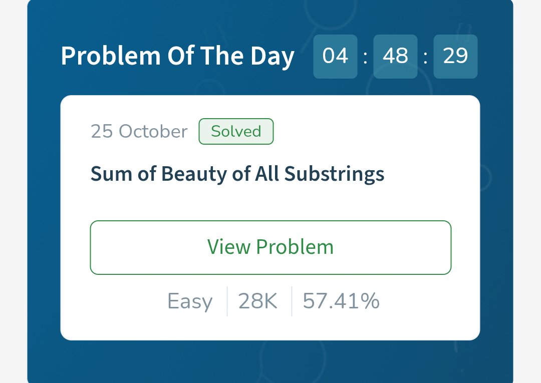 crazy_mahesh_'s tweet photo. Day 395: Sum of Beauty of All Substrings
Approach: Frequency Counting — Track .
Time Complexity: O(N²)
Space Complexity: O(1)
#DSA #Strings #Hashing #geekstreak60 #npci @geeksforgeeks https://t.co/xUi0arxCEM