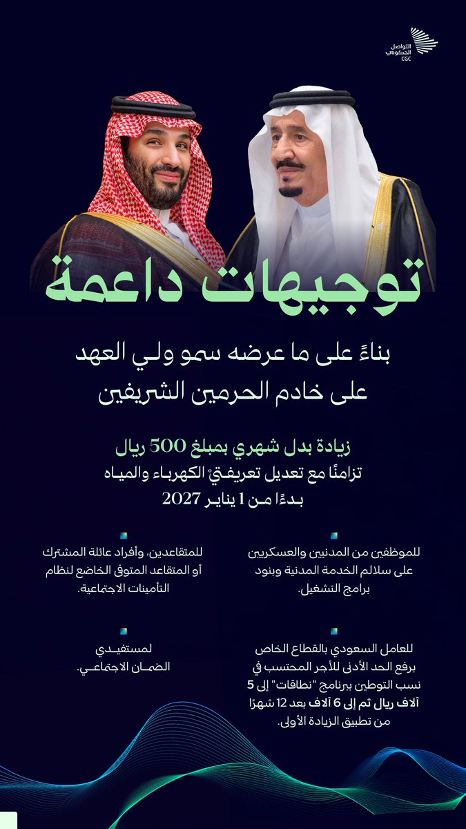 CGCSaudi's tweet photo. توجيهات ملكية داعمة للمواطنين؛ تزامنًا مع تعديل تعريفتيْ الكهرباء والمياه بدءًا من 1 يناير 2027. https://t.co/10yl1yd7jH
