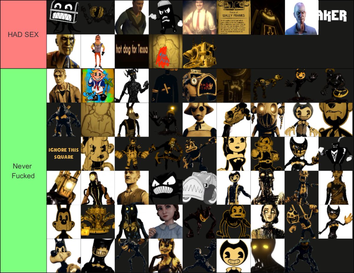 bumble_bbgun's tweet photo. I’m bored. Here’s a #BENDY characters tier list based on if they’ve ever gotten laid or not https://t.co/BNBl2Px29W