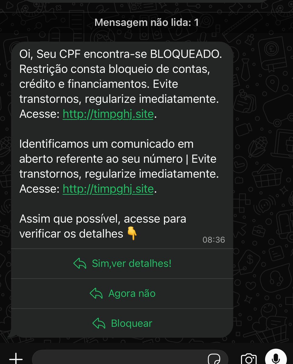 FuxicoTeresina's tweet photo. 🚨ATENÇÃO: No Piauí, criminosos usam nome da TIM para aplicar golpe pelo WhatsApp; mensagens falsas informam bloqueio do CPF e exigem regularização imediata. https://t.co/wQmf0rxflb