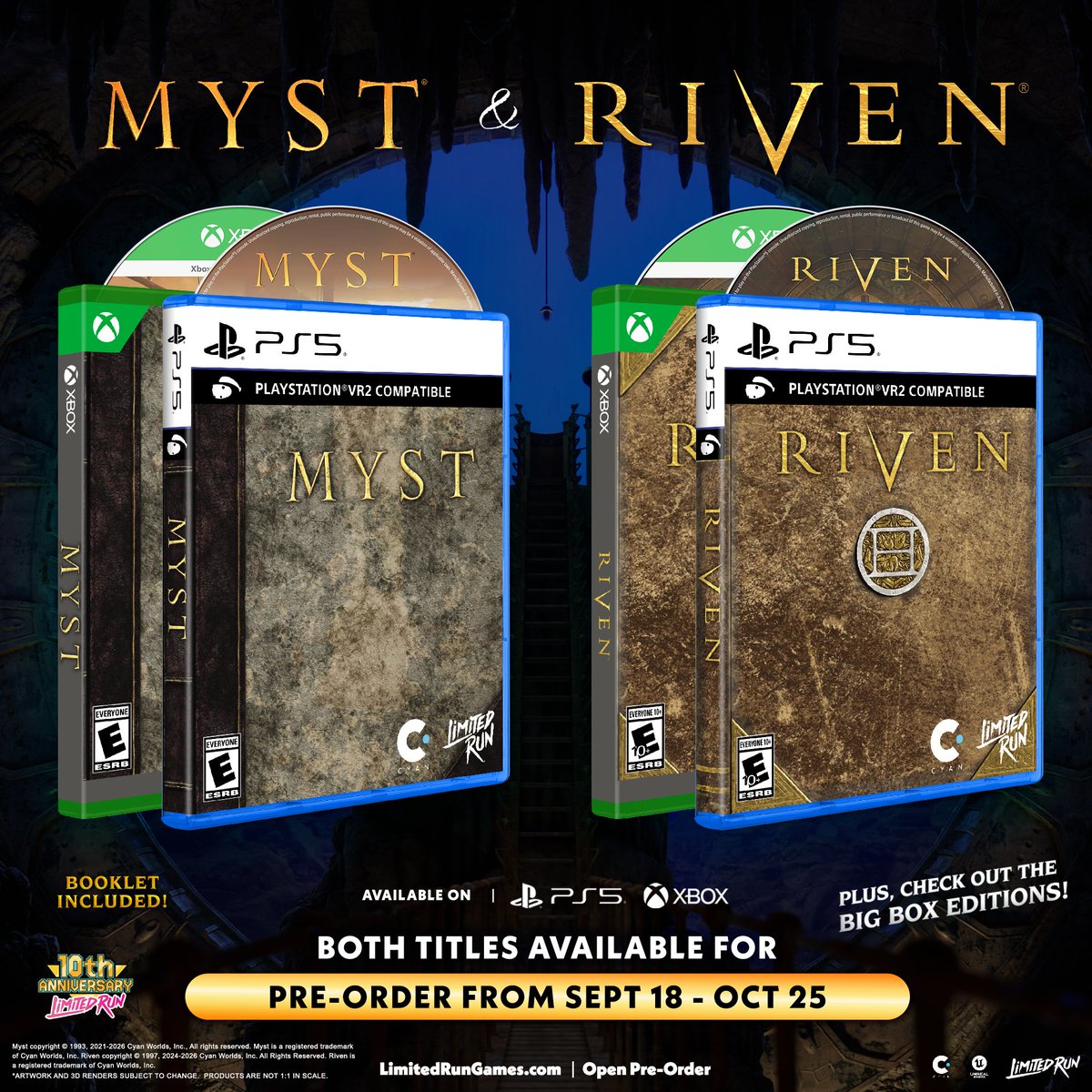 LimitedRunGames's tweet photo. Few are chosen. Fewer Succeed. Pre-orders end tonight for box editions of Myst and Riven!

Two timeless pieces of gaming art deserving a spot in your collection. 
https://t.co/2AwwMnN0JB https://t.co/tX5by6fXQI
