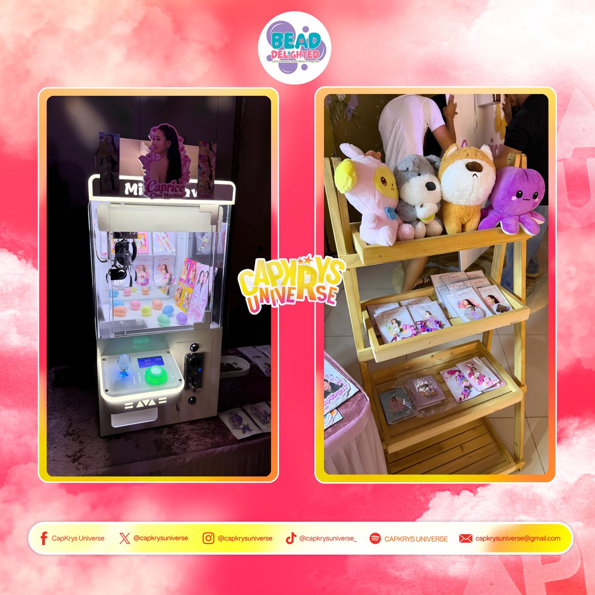 capkrysuniverse's tweet photo. A little glimpse of CapKrys Universe’s booths at Caprice’s Whimsical Escapade! 

Our guests got to enjoy two fun and whimsical activities prepared especially for the event, our Charm Booth and Claw Machine, where guests could create their own keepsakes, try their luck, and take home something special from the celebration. 

We were truly happy to see how much love these booths received throughout the event. From guests stopping by to explore the charms to those eagerly trying their luck at the claw machine, our booths were constantly filled with visitors and became one of the spots guests kept coming back to! 

A heartfelt thank you to Bead Delighted for being so accommodating, patient, and wonderful to work with throughout the entire process. We deeply appreciate your time, effort, and understanding as we brought these booths to life for our Caprice.

Thank you for helping us make Caprice’s Whimsical Escapade even more memorable, magical, and meaningful for everyone. 

CAPRICE WHIMSICAL ESCAPADE