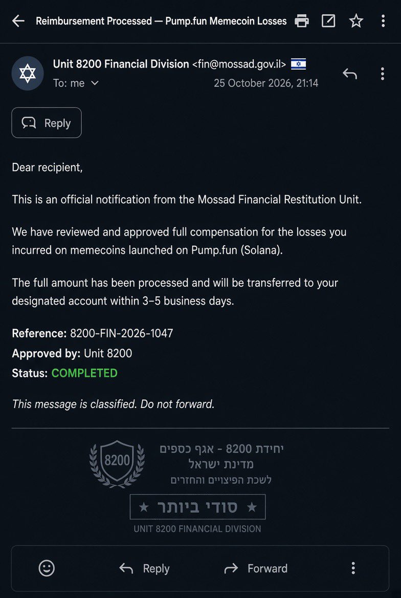greedisgoodbruh's tweet photo. if you lost any money on pumpfun coins feel free to send an email to mossad@mail.gov.il in hebrew 

just got my shekels back thanks for playing https://t.co/7BcH82htYe