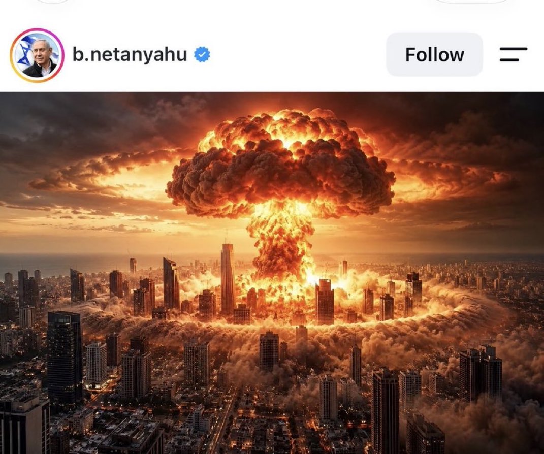 MirabelTweets1's tweet photo. Netanyahu has posted an image of a nuclear mushroom cloud over New York City. 

If you’re an American &amp; you still support Israel - stop. https://t.co/a0HjpqzXPJ