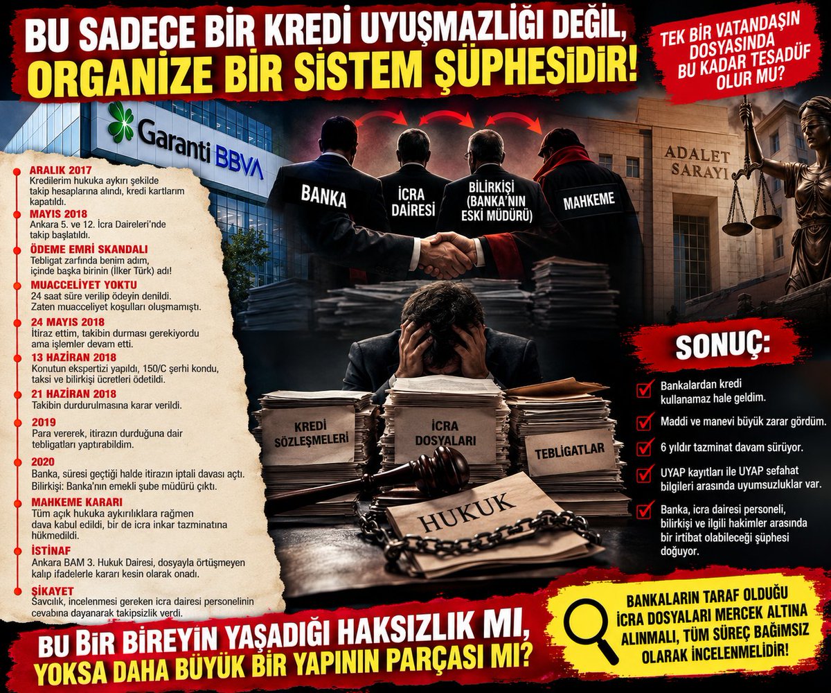 kemalciftci0608's tweet photo. GARANTİ BANKASI, İCRA DAİRELERİ VE YARGI: BELGELERDEKİ BU ÇELİŞKİLER NASIL AÇIKLANACAK?
GARANTİ BANKASI, İCRA DAİRELERİ VE YARGI: BELGELERDEKİ BU ÇELİŞKİLER NASIL AÇIKLANACAK?

1/ Garanti Bankası, Aralık 2017'de konut ve tüketici kredilerimi hukuka aykırı olduğunu ileri sürdüğüm işlemlerle takip hesaplarına aldı, kredi kartlarımı kapattı.

Oysa 6502 sayılı Kanun'un 28 ve 34. maddeleri, borcun tamamının muaccel kılınabilmesi için açık koşullar öngörüyor. 

2/ Bankanın 1 Aralık 2017 tarihli ihtarnamesinde borcun ödenmesi için yalnızca 24 saat süre tanınmış!

Kanun ise en az 30 günlük muacceliyet uyarısı öngörüyor.

Üstelik ihtarnamenin tarafıma ulaşmadan iade edildiğini, ancak 2020'de açılan davada öğrendim.
Kaldı ki, muacceliyet ihtarnamesinde, muaccel hale gelmiş alacağını talep edebilir.

3/ Mayıs 2018'de hakkımda icra takipleri başlatıldı.

Konut kredisine ilişkin tebligat zarfında benim adım ve adresim, içindeki ödeme emrinde ise İlker Türk adlı başka bir kişinin bilgileri vardı!

24 Mayıs 2018'de itirazım UYAP'a kaydedildi.

4/ Banka vekili 1 Haziran 2018'de ödeme emrinin yeniden gönderilmesini istedi. Yani, takibe itiraz edildiğini öğrendi. Biliyorsunuz, bankalar basiretli tacirlerdir.

Buna rağmen 13 Haziran'da konutumda ekspertiz yapıldı, giderler ödendi ve taşınmaza İİK 150/c şerhi konuldu.

Takibin durdurulmasına ilişkin tensip zaptı ancak 21 Haziran'da düzenlendi. Oysaki, itirazın dosyaya girmesiyle takip kendiliğinden durmuş olur.

5/ Dosyada para olmasına rağmen, Banka'ya takibe itirazın tebliğ edilmediğini öğrenmem üzerine 3 Temmuz 2019'da masraflarını karşılayarak itirazlarımın bankaya tebliğini sağladım.

Buna rağmen banka vekili, 2020'de açtığı itirazın iptali davasında itirazımdan ancak Eylül 2020'de tesadüfen haberdar olduğunu ileri sürdü.

6/ Daha dikkat çekici olanı ise şu:

2018'de bana gönderilen, başka bir kişinin adını taşıyan ödeme emri yerine, icra dosyasının UYAP kayıtlarında Eylül 2020'de kaydedilmiş ve tarihi de o döneme ait, benim adıma düzenlenmiş farklı bir ödeme emri bulunuyordu.

Bu belge ne zaman, kim tarafından ve hangi işlemle oluşturuldu?

2018 tarihli asıl ödeme emri neden dosyada yoktu?
Ve neden ödeme emrinin tebligat zarfının fotokopisi vardı?

7/ Ankara 5. ve 12. İcra Müdürlükleri, Ankara 13.Tüketici Mahkemesi'ne itirazların bankaya tebliğine ilişkin belge bulunmadığını bildirdi.

Belgeleri sunmam üzerine ise her iki müdürlük de önceki resmî cevaplarının sehven hatalı olduğunu açıkladılar.

Banka vekilinin beyanlarıyla örtüşen iki hatalı resmî cevap!

8/ Ankara 13. Tüketici Mahkemesi, bir yıllık sürenin geçtiği gerekçesiyle bankanın davasını usülden reddetti. Ankara BAM 3. Hukuk Dairesi ise anlam verilemez şekilde kaldırdı.

Hakimi değişen Ankara 13.Tüketici Mahkemesi'nde yeniden görülen davada bilirkişinin Garanti Bankası'nın emekli şube müdürü olduğunu öğrendim.

İtirazlarıma rağmen banka lehine karar verildi; aleyhime icra inkâr tazminatına hükmedildi.

Ankara BAM 3. Hukuk Dairesi istinaf başvurumu da reddetti.
Sanki, dosyanın en başından itibaren mevcut olan hukuksuzlukları, bilgi ve belgeleri görmedikleri gibi mevzuattan da bihaber gibilerdi. 

9/ Garanti Bankası aleyhine açtığım tazminat davası altıncı yılına yaklaşıyor. Bu paylaşımda yazdıklarım hususları inceleyecek her hukukçu, çok sayıda kusurlu işlem olduğunu görecek ve nasıl bu şekilde kararlar verilebildiğine şaşıracaklardır.
İşin esası, kanaatimce, birileri, açtığım tazminat davasının red ile sonuçlandırılmasını ve o davaya dayanak teşkil edebilecek bir başka kesin delilin oluşmasını engellemeye çalışıyor.
O dosyada da 3 yıllık süre içerisinde ve sürekli uzatmalarla üç farklı bilirkişi raporu hazırlandı ve  Ankara 3.Tüketici Mahkemesi'nin Hakimesi'nin basireti ve dosyaya hakim olması sayesinde sonuca gidemediler. Bilirkişiler kim mi? Bir bilirkişilik derneğinin yönetim kurulunda ve denetim kurulunda yer aldığını açık kaynaklardan öğrendiğim isimler. 

3 yıl önce Adalet Bakanlığı'ndan bir Hakimi atadırlar ve duruşmadan duruşmaya itirazın iptali davasının kesinleşip kesinleşmediğini sorarak zaman geçiriyorlar.
İcra personeli hakkındaki suç duyurumda ise şikâyet konusu müdürlüğün cevabına dayanılarak takipsizlik kararı verildi.

10/ SORUYORUM:

Muacceliyet koşulları, iade edilen ihtarname, farklı ödeme emirleri, UYAP kayıtları, sonradan düzeltilen resmî yazılar ve bilirkişinin geçmişteki banka görevi neden birlikte araştırılmıyor?

Bankaların taraf olduğu icra dosyalarınd
a, banka vekilleri, icra personeli ve bilirkişiler, hakimler arasında hukuka aykırı ilişkiler veya organize bir yapı bulunup bulunmadığı bağımsız biçimde incelenmelidir.

Bu bir suçluluk hükmü değil; belgelerle ortaya konulan çelişkilerin etkili biçimde soruşturulması talebidir.

HUKUK GÜVENLİĞİ YOKSA, HİÇBİR YURTTAŞ GÜVENDE DEĞİLDİR! @abakingurlek @adalet_bakanlik  @HSKKurumsal @AbdullhAydgdu @HMYGrubu