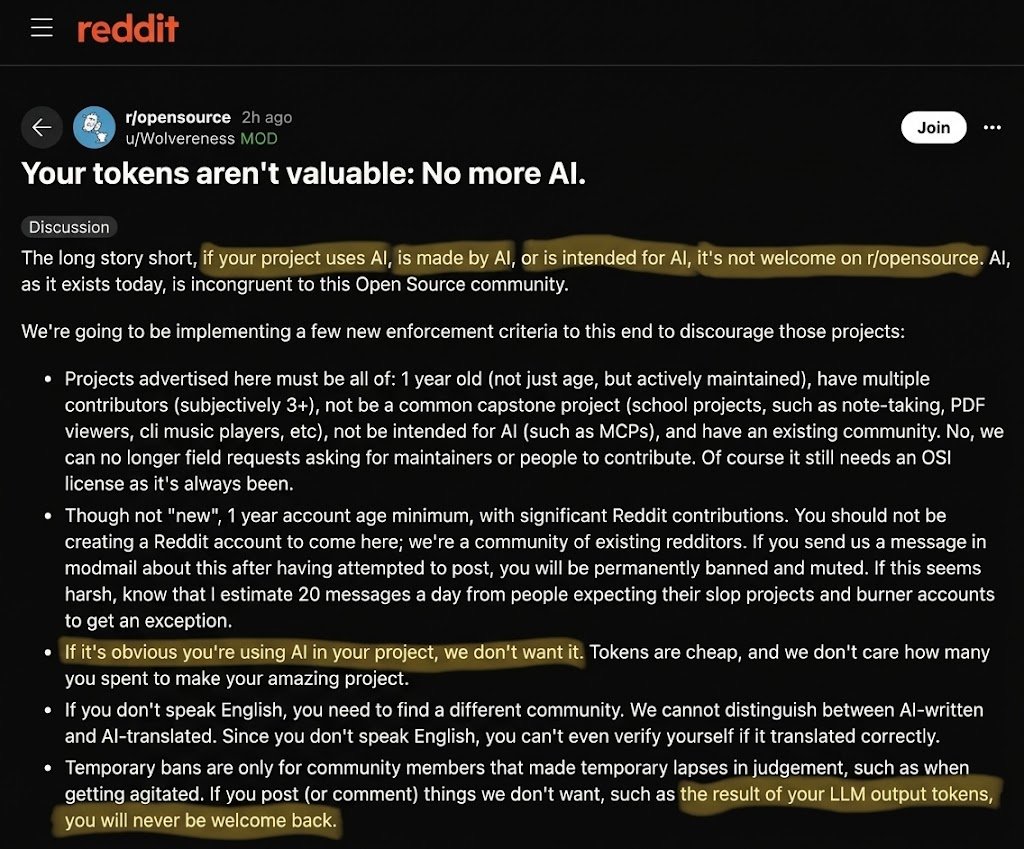 Forhanvv's tweet photo. r/opensource banned any project using AI, which means the Linux kernel is officially banned from r/opensource. 💀😂

Linus Torvalds already called blanket AI bans "utterly stupid" and kernel maintainers review code based on quality, not whether Copilot helped write it.

Reddit moderation attempting to police upstream software development is the absolute definition of AI psychosis.