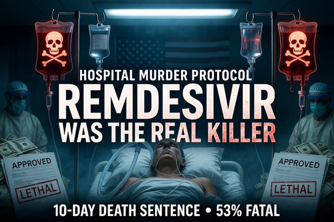 ValerieAnne1970's tweet photo. HOSPITAL MURDER PROTOCOL: Remdesivir — NOT COVID — was the REAL KILLER!

Hospitals were ordered to pump every single “COVID” patient full of this experimental poison called Remdesivir… and nearly EVERYONE died after the 10-day death protocol.

Top officials KNEW it was lethal. In the 2019 Ebola trials they funded, it clocked a horrifying 53% kill rate — so toxic the safety board shut it down immediately, declaring it “too deadly” to ever use.

Yet they lied straight to Congress and the American people, forcing it as the *only* approved “treatment” — paired with ventilators that finished the job.

They call it “standard of care” but it is mass murder for profit.

Millions of lives snuffed out. Hospitals paid bonuses to kill. The NIH and its architects are guilty as sin.

This was NEVER a pandemic... it was a Remdesivir massacre. The blood is on their hands.