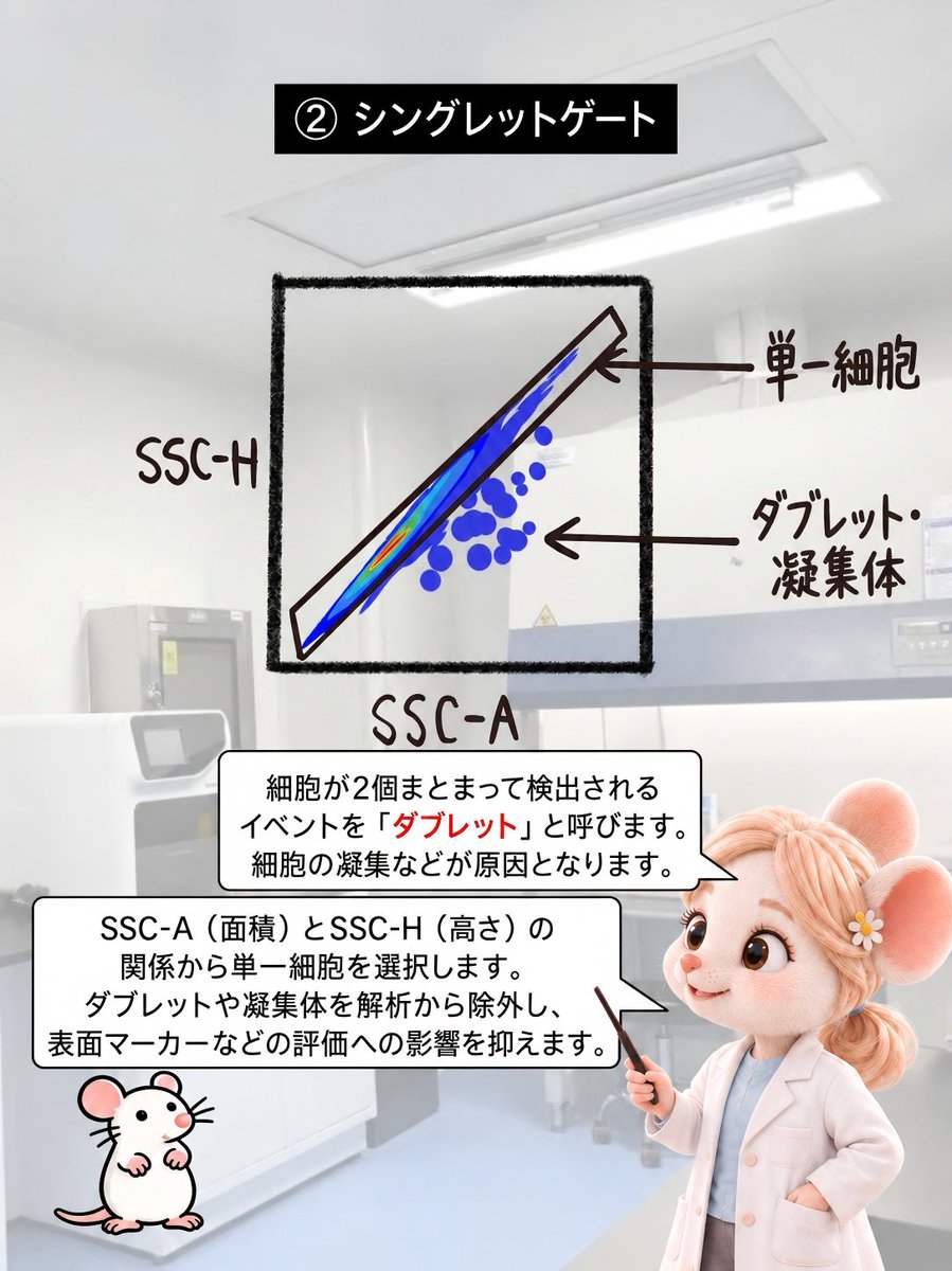 BioGDP's tweet photo. 皆さん、月曜日ですね！今週もよろしくお願いします😊

分かりやすい図づくりは、実験の流れを理解することから。今日は、作図ツールのBioGDPと一緒に、ゲーティングの順序に沿って、フローサイトメトリーの5つの基本を確認してみましょう🧐

1️⃣ FSC／SSCで細胞集団を選ぶ
細胞の大きさや内部構造を反映する散乱光を手がかりに、目的の細胞集団を選び、デブリなどを除外します。
2️⃣ シングレットを選ぶ
FSC-AとFSC-Hなどの関係から、単一細胞の集団を選択。ダブレットや細胞の凝集による���響を減らします。
3️⃣ 生細胞を選ぶ
生死判別色素を使って、生細胞と死細胞を区別。死細胞による非特異的な染色の影響を抑えます

4️⃣「細胞種の識別」と5️⃣「機能解析」の解説・図は、リプライに続きます👇

🧬 実験の流れを理解したら、次は「伝わる図」に。
🔗 https://t.co/m6JtKoNVOX

試料調製から染色、測定までの実験フローや、細胞集団・解析目的を説明する模式図に、BioGDPのイラスト素材をご活用ください。論文Figureや発表スライドで、研究の全体像を伝える図づくりをサポートします✨
#フローサイトメトリー #ゲーティング #実験 #生命科学 #研究者 #大学院生 #科学イラスト #BioGDP