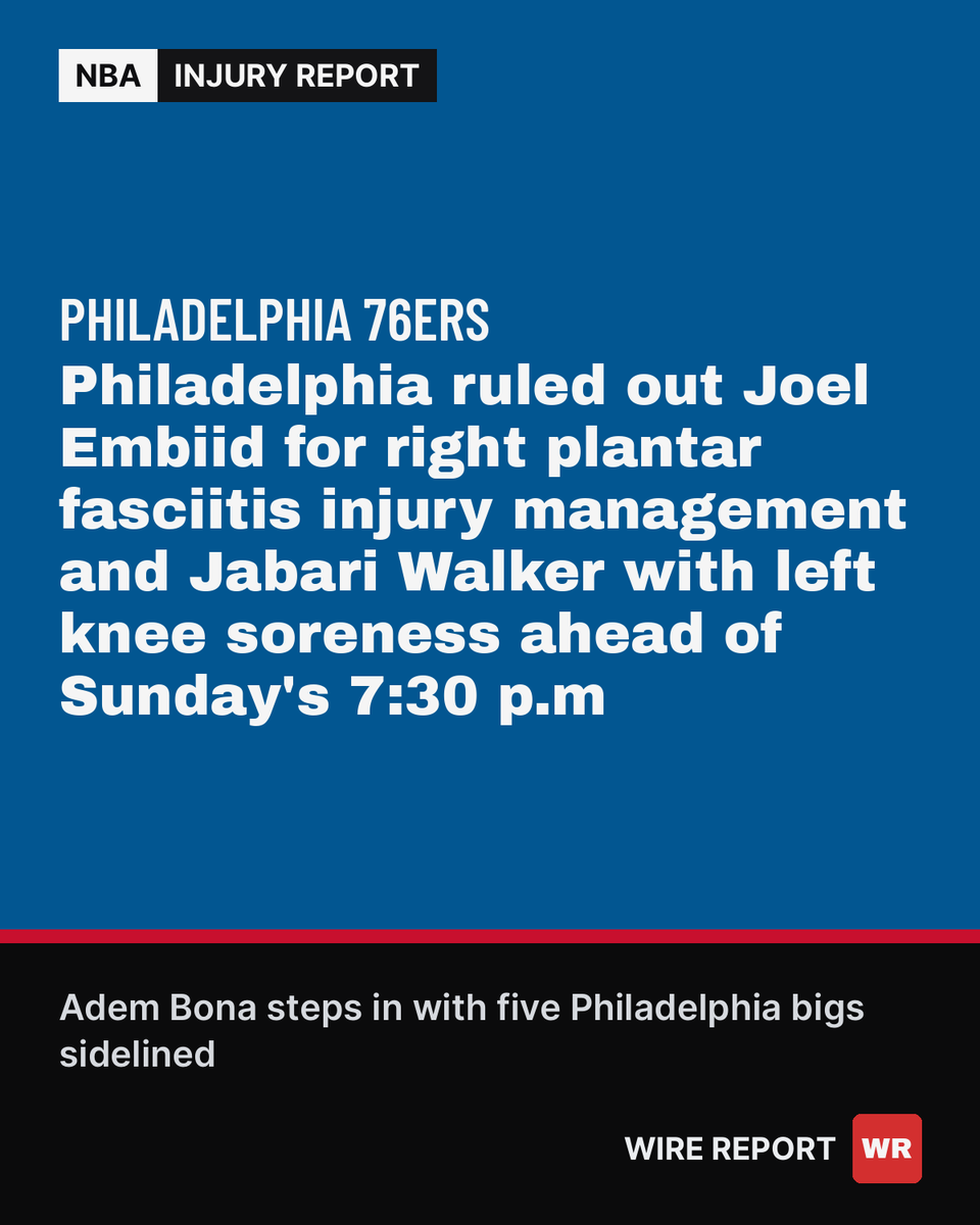 WireReportNBA's tweet photo. Sixers rule out Joel Embiid, Jabari Walker for Sunday's game vs. Pistons. https://t.co/1gIz5cjLt1