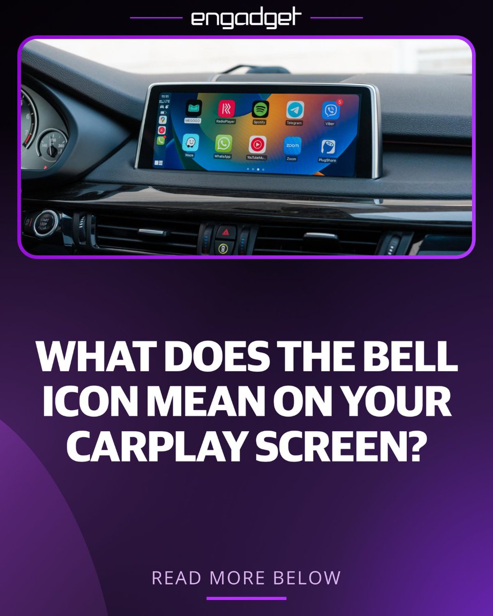 engadget's tweet photo. If you're seeing the bell icon in CarPlay, you have a setting enabled that might distract you while driving, so it's worth a quick review. https://t.co/clYRsxDDi6