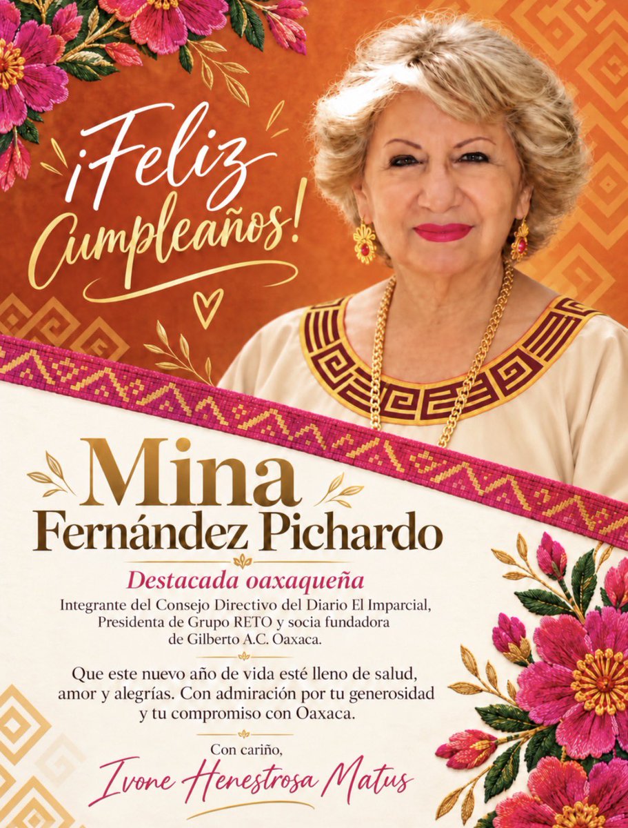 HenestrosaMatus's tweet photo. 🌺 ¡Feliz cumpleaños querida Mina Fernández! Celebro tu vida y la generosidad con la que has dejado huella en tantas personas. Como destacada oaxaqueña, integrante del Consejo Directivo del Diario El Imparcial, Presidenta de Grupo RETO y socia fundadora de Gilberto A.C. Oaxaca. https://t.co/hBSWrjWGfm