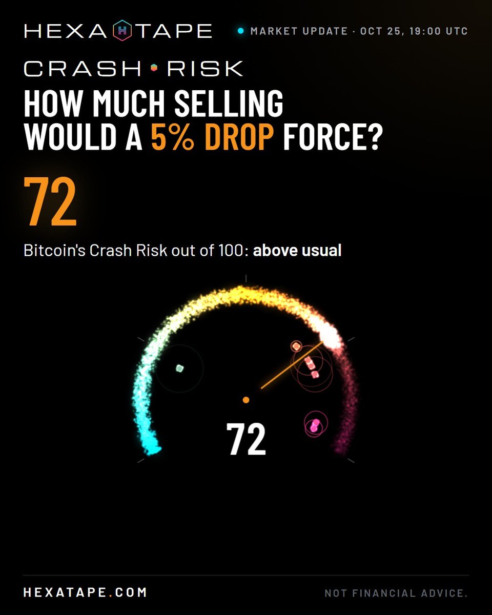 HexaTape's tweet photo. 72/100.

That's Bitcoin's Crash Risk this hour, above usual. Longs near liquidation, funding, options fear and fresh liquidations, all in one number.

A 2% dip is a crash at 50x. Watch it free: link in bio

Not financial advice. https://t.co/4fiGSdhYwF