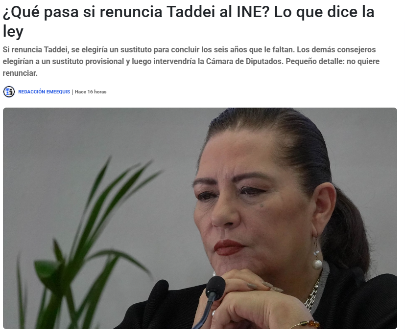 emeequis's tweet photo. Si renuncia Taddei, se elegiría un sustituto para concluir los seis años que le faltan. Los demás consejeros elegirían a un sustituto provisional y luego intervendría la Cámara de Diputados. Pequeño detalle: no quiere renunciar.

https://t.co/B7jrRn5gwB https://t.co/t1JLYxmYNJ