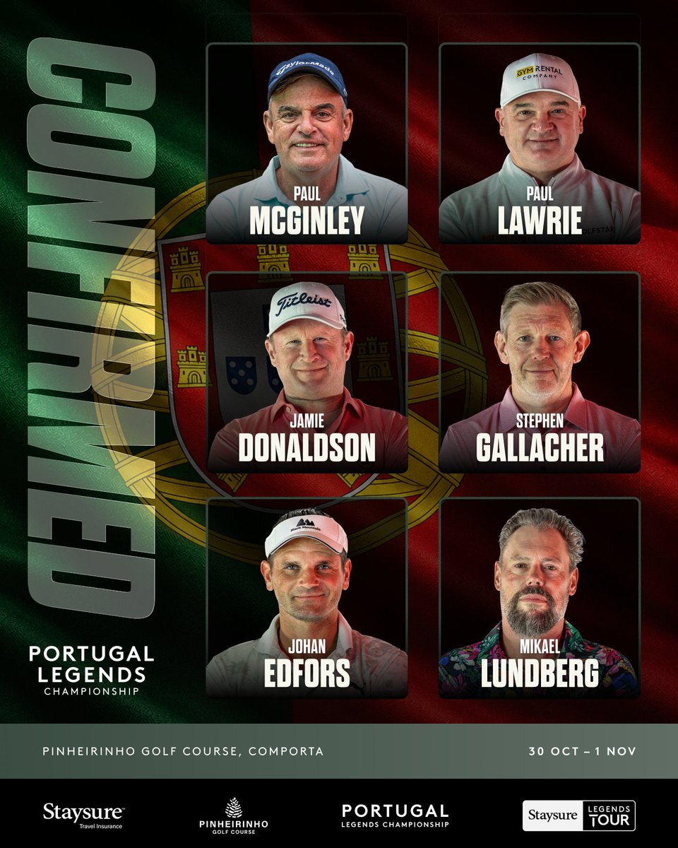 euLegendsTour's tweet photo. A new chapter starts in Portugal 🇵🇹

The Staysure Legends Tour heads to Pinheirinho Golf Course for the inaugural Portugal Legends Championship, with McGinley, Lawrie, Donaldson, Gallacher, Edfors and Lundberg all confirmed.

#StaysureLegendsTour #PortugalLegendsChampionship https://t.co/evo6jauGJE