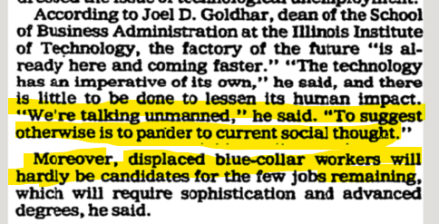 AIsystemsLab's tweet photo. @BusinessInsider While I would love a work less future, I don't think this will happen over night. Just look at these articles from 1982 and 1983 from NYT. They had the same fear about jobs back then. https://t.co/r2QhksXEHM