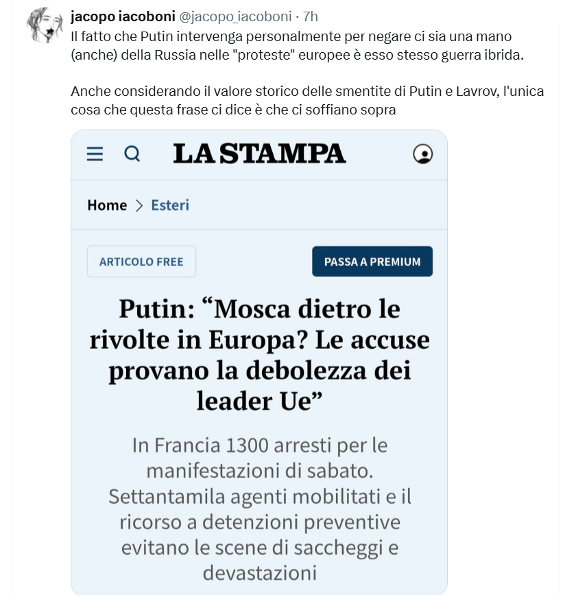 DanMan_010101's tweet photo. E gnente, a prescindere dagli arresti fatti in questi giorni di Youssef Siher con l'accusa di istigazione a delinquere aggravata e violenza organizzata nei cortei e un'ipotesi di terrorismo, comunque...
#haStatoPutin https://t.co/D7VasbcqGe