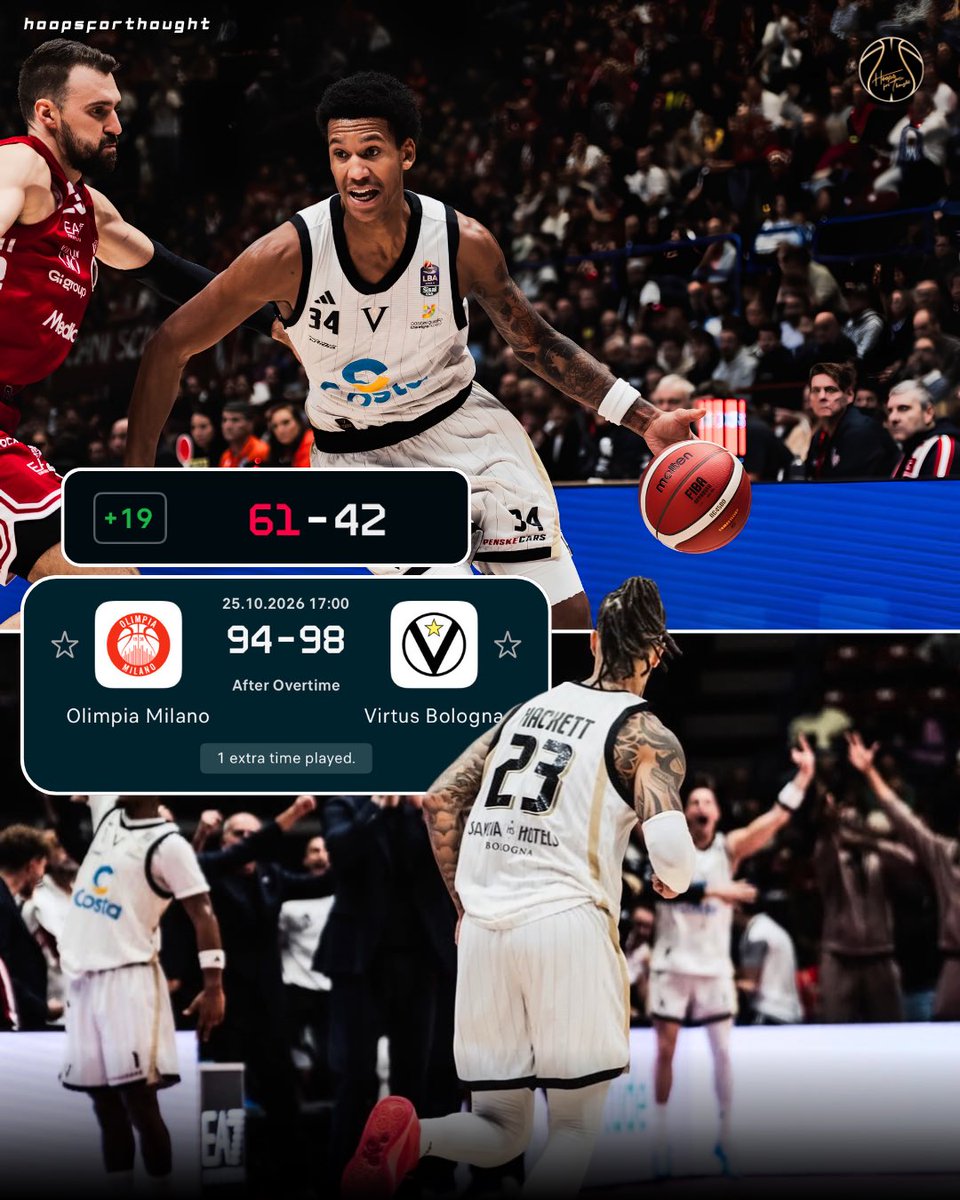 hoopsfthoughtgr's tweet photo. Virtus pulls off a colossal 19-point comeback against Armani to claim the Italian derby, powered by an unreal performance from @thewendellmoore (27 PTS) 😲🔥

#virtus #milano #euroleague #paobc #olympiacosbc https://t.co/yB6nXuJFJD