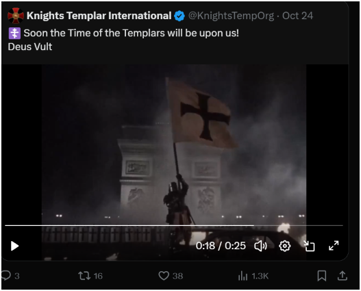 7thDean's tweet photo. The Knights of the Templar posted this video yesterday and now this man shows up in a video today wearing a Knights of the Templar shirt....🧐

Did the members of the Knights of the Templar get their go orders from this video???🤔

If they did, this would maket things very interesting and very biblical...⚔️😇✝️

https://t.co/hJ6OWiqMrv