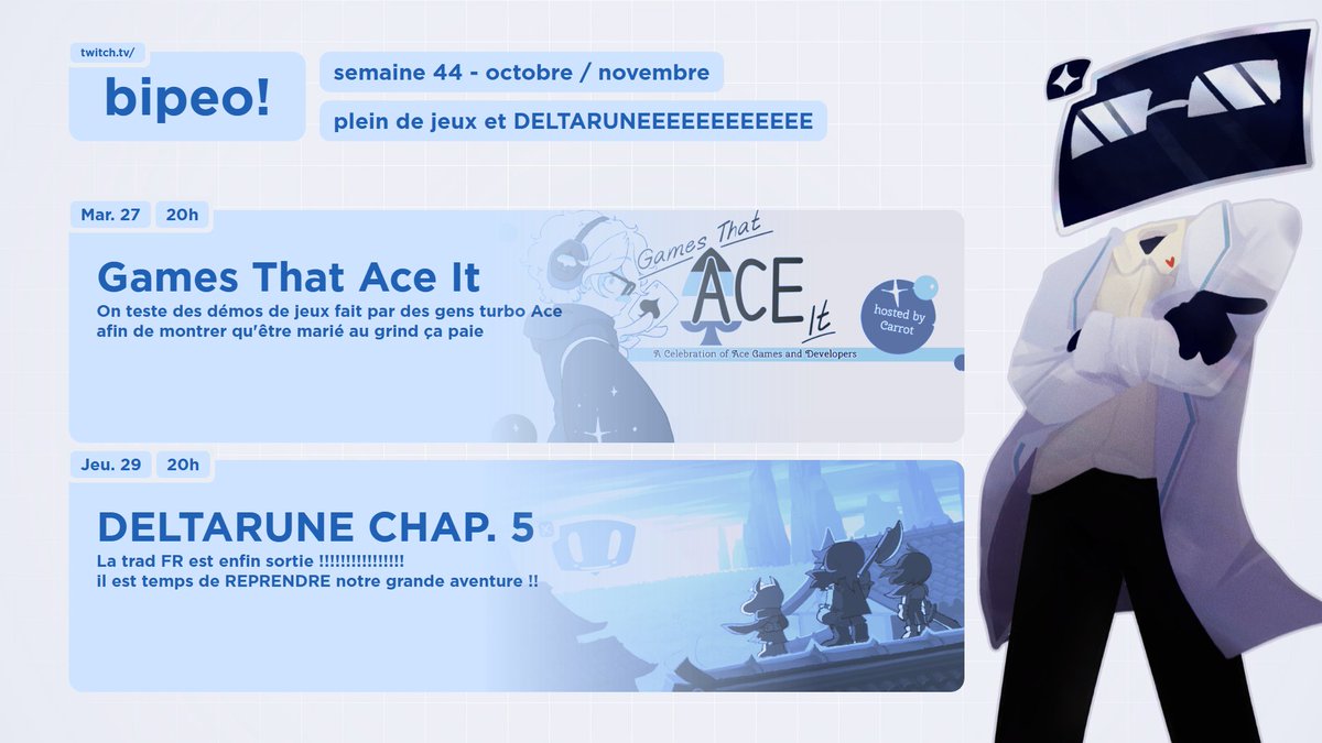 Bipeo_dev's tweet photo. plop ^^ ça va ? ^^

Mardi // On participe au festival "Games That Ace It" ou on va jouer à plusieurs démos fait par des personnes Aces !! (ou qui ont des persos Ace)

Jeudi // ça CONTINUE DELTARUNEEEEEEEEEEEEEEE, on fonce sur le chapitre 5, en français !! https://t.co/xr18kuPqiJ