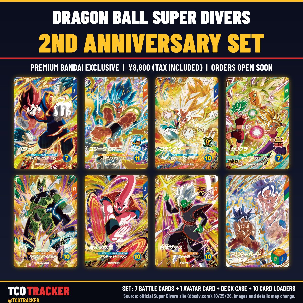 TCGTRACKER's tweet photo. 🐉 Dragon Ball Super Divers 2nd Anniversary Set is coming to Premium Bandai (Japan)

▪️ ¥8,800 (tax included), orders open soon
▪️ 7 battle cards: Vegito, Gogeta, Gotenks, Caulifla, Cell, Majin Buu, Fused Zamasu
▪️ 1 avatar card (Ultra Instinct Goku)
▪️ Silver foil deck case + 10 custom card loaders

Source: Super Divers official site

#DragonBall #SuperDivers #DBSDV