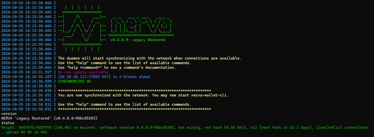 NervaCurrency's tweet photo. Nerva v0.4.0.0 "Legacy Restored" is out. Hard Fork 14 is mandatory and activates at block 4,480,000 (around November 10).

Stronger privacy with ring size 16, CLSAG and Bulletproofs+, and CryptoNight-Adaptive v8.

More details in release notes:
https://t.co/KapHir68xh

1 CPU = 1 Vote.

nerva:native
