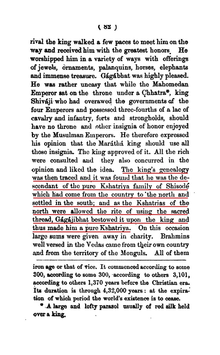 Syngh_Unleashed's tweet photo. The sources I have shared are as follows :

• 𝙍𝙖𝙙𝙝𝙖 𝙈𝙖𝙙𝙝𝙖𝙫 𝙑𝙞𝙡𝙖𝙨 𝘾𝙝𝙖𝙢𝙥𝙪 written by Jayaram Pindye — the official court poet of Shahji Bhonsle (Shivaji’s father).

• 𝙎𝙖𝙗𝙝𝙖𝙨𝙖𝙙 𝘽𝙖𝙠𝙝𝙖𝙧 written by Krishnaji Anant — the official court chronicler of Rajaram Bhonsle (Shivaji’s son).

They simply state that Bhonsles are descendants of a Sisodiya Rajput family which migrated from North to Deccan. As a matter of fact, Sabhasad explicitly mentions that this was verified when learned priests like Gagabhatt examined the family records of Bhonsles (not any ‘Registani khyat’).

@MamalkatMadar’s lame assumption of this being “𝙖 𝙠𝙝𝙮𝙖𝙩 𝙩𝙧𝙖𝙙𝙞𝙩𝙞𝙤𝙣 𝙗𝙧𝙤𝙪𝙜𝙝𝙩 𝙗𝙮 𝙍𝙚𝙜𝙞𝙨𝙩𝙖𝙣𝙞 𝙥𝙤𝙚𝙩𝙨” doesn’t make sense from a logical point of view either. Was Shivaji (and his ancestors) so desperate to prove themselves Kshatriya that they just bought some oral tradition sold to them by random poets?