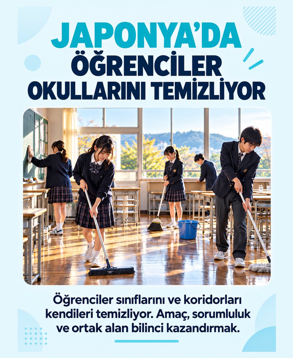 ogretmensitemiz's tweet photo. JAPONYA’DA ÖĞRENCİLER OKULLARINI KENDİLERİ TEMİZLİYOR! PEKİ NEDEN? 🇯🇵🧹

Japonya’daki birçok okulda öğrenciler yalnızca ders çalışmıyor; sınıflarını, koridorlarını ve ortak kullanım alanlarını temizleyerek okul yaşamının sorumluluğunu da paylaşıyor.

Japoncada “sōji” (掃除), yani “temizlik” olarak adlandırılan bu uygulamanın amacı, yalnızca temiz bir okul oluşturmak değil. Çocuklara sorumluluk almayı, birlikte çalışmayı ve başkalarının emeğine saygı duymayı öğretmek.

🧹 ORTAK ALAN, ORTAK SORUMLULUK
Öğrenciler gruplara ayrılarak temizlik görevlerini paylaşıyor. Kimi sınıfı süpürüyor, kimi tahtayı siliyor, kimi de koridorları temizliyor. Böylece kullandıkları alanlara özen göstermeyi günlük yaşamın içinde öğreniyorlar.

🤝 BİRLİKTE ÇALIŞMAYI ÖĞRENİYORLAR
Görev paylaşımı sayesinde her öğrenci ortak yaşama katkıda bulunuyor. Kendi sorumluluğunu yerine getirmenin, arkadaşlarının yaşamını da kolaylaştırdığını görüyor.

🧠 EĞİTİM, DERS KİTAPLARININ ÖTESİNE GEÇİYOR
Temizlik çalışmaları; öz disiplin, yardımlaşma ve topluma katkı gibi değerlerin günlük hayatta uygulanmasına fırsat sunuyor. Çocuklar bu değerleri yalnızca dinleyerek değil, yaparak öğreniyor.

🏫 HER OKULDA AYNI ŞEKİLDE UYGULANMIYOR
Temizlik çalışmalarının süresi, sıklığı ve kapsamı okuldan okula değişebiliyor. Bu nedenle Japonya’daki bütün okullarda aynı düzenin uygulandığını söylemek doğru değil.

🌍 BU UYGULAMANIN VERDİĞİ MESAJ AÇIK:
Yaşadığımız ortamın düzeni ve temizliği hepimizi ilgilendirir.

Bir çocuğa ortak alanları temiz tutmayı öğretmek; ona sorumluluk almayı, emeğin değerini bilmeyi ve başkalarının hakkını gözetmeyi de öğretmektir.

Çünkü eğitim, yalnızca sınavlarda verilen doğru cevaplarda değil; günlük hayatta kazanılan alışkanlıklarda da kendini gösterir.