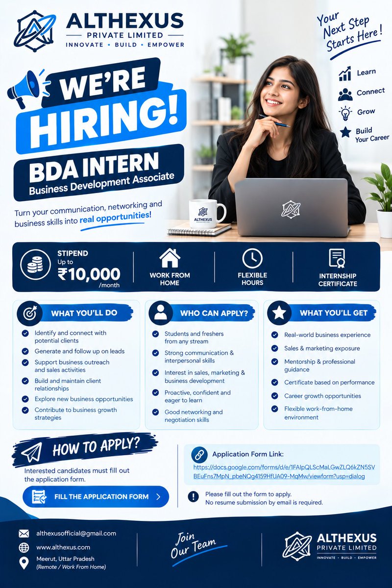 Althexus's tweet photo. π WEβRE HIRING | BDA INTERN
π Application Form:
https://t.co/moQmKJk7ZQ
#Althexus #Hiring #BDAIntern #BusinessDevelopmentAssociate #InternshipOpportunity #WorkFromHome #RemoteInternship #FreshersHiring #SalesInternship #MarketingInternship #CareerGrowth #InternshipIndia https://t.co/uHCIQmoBZ9