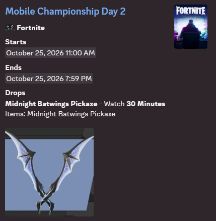 FireMonkey's tweet photo. The Midnight Batwings Pickaxe Twitch Drop is now live.

As a reminder, once Fortnite goes live in ~20 minutes, you'll have ~3.5 hours to get the drops before they're unavailable. https://t.co/vj6F46zSYV