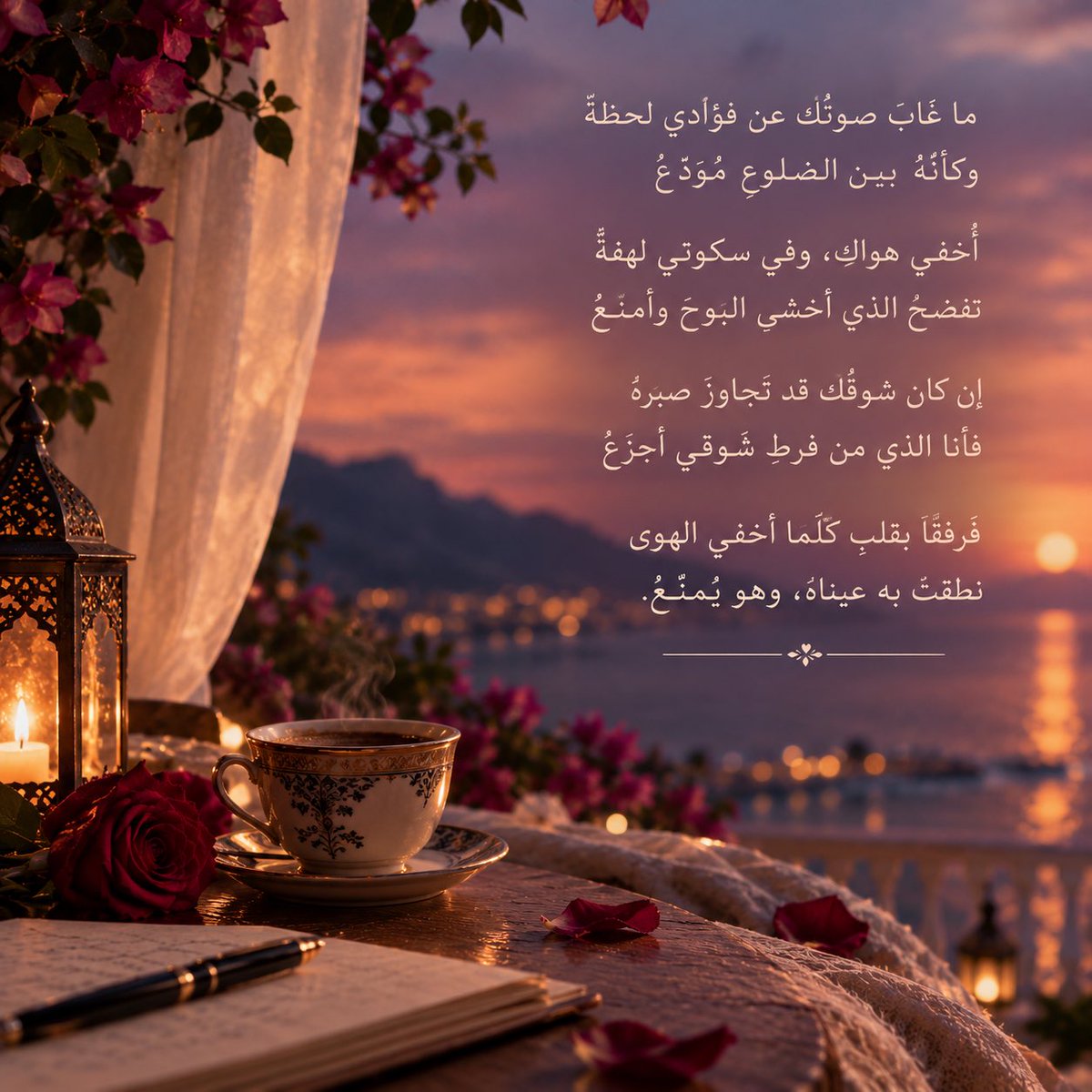 sami_alhinai82's tweet photo. ما غابَ صوتُكِ عن فؤادي لحظةً
وكأنّهُ بين الضلوعِ مُوَدَّعُ
أُخفي هواكِ، وفي سكوتي لهفةٌ
تفضحُ الذي أخشى البوحَ وأمنعُ
إن كان شوقُكِ قد تجاوزَ صبرَهُ
فأنا الذي من فرطِ شوقي أجزعُ
فرفقًا بقلبٍ كلّما أخفى الهوى
نطقتْ به عيناهُ، وهو يُمنِّعُ

#بس_كنت_بقول
#بوح 
#مساء_الخير
#خربشات https://t.co/AkNydan2y9