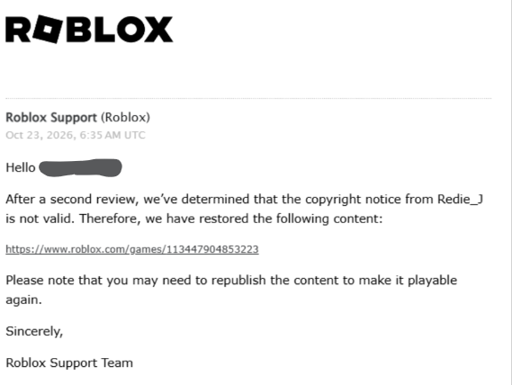 RoAssetsRBLX's tweet photo. It has officially been a MONTH since my group has gotten locked for a false termination

This group had MILLIONS of Robux and years of development work. It’s now all at risk.

We received a message from the Copyright Team stating the DMCA was invalid that got my account terminated. I got unterminated but they have locked my group with EVERYTHING. I have been contacting Roblox Support for over a month and I still haven't gotten a reply.

Please Like, Comment, Repost, and @RobloxCreators 
@RobloxCreators, I need someone to look into this.

#RobloxDev #RobloxDeveloper