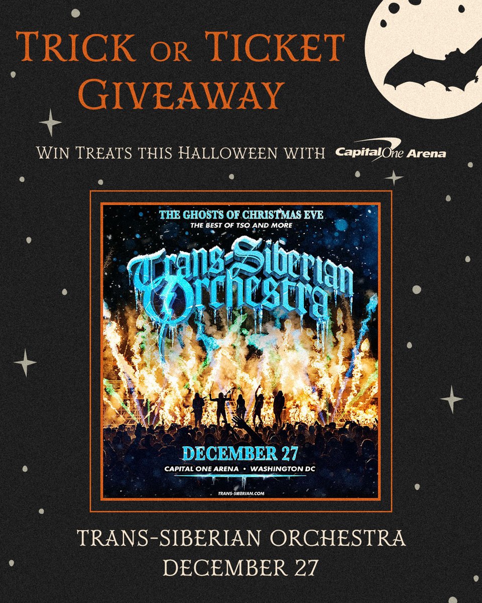 CapitalOneArena's tweet photo. 🎃TRICK OR TICKET GIVEAWAY🎃 To celebrate spooky season, we're giving away TWO tickets to Trans-Siberian Orchestra at Capital One Arena Arena on December 27 at 7:30pm

Head over to our Instagram to find out how to win: https://t.co/OzFcqqIQgn https://t.co/Z6wRGOT57U