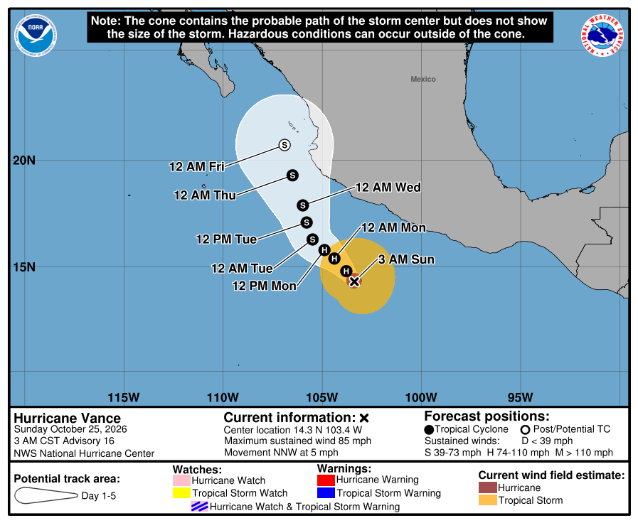 atlanticstorms's tweet photo. #HURRICANEVance [Wind Decr:Heading Change] Heading NW @ 5 mph. Wind @ 75 mph. Location N:14.3 W:-103.8 #Hurricane #Vance Darnell Washington https://t.co/1T1Pxogy7d