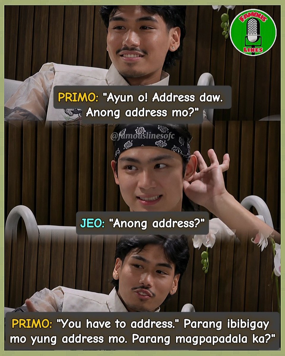 famouslinesofc's tweet photo. JEO: "Anong address?"

PRIMO: "You have to address." Parang ibibigay mo yung address mo. Parang magpapadala ka?

📺 Pinoy Big Brother Collab 3.0, 2026

#JeoOng | #PBBJeo | #PrimoAlterado | #PBBPrimo | #FamousLines https://t.co/Hw6zg3WavT
