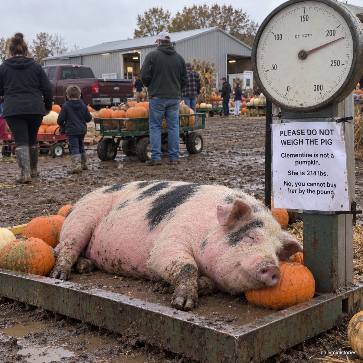 DailyMiniStorie's tweet photo. The sign by the scale at the pumpkin patch we go to every October 🎃🐷

"Clementine is not a pumpkin. She is 214 lbs. No, you cannot buy her by the pound."

My grandson waited 20 minutes to weigh his pumpkin. She never moved. https://t.co/hUQto6jFne