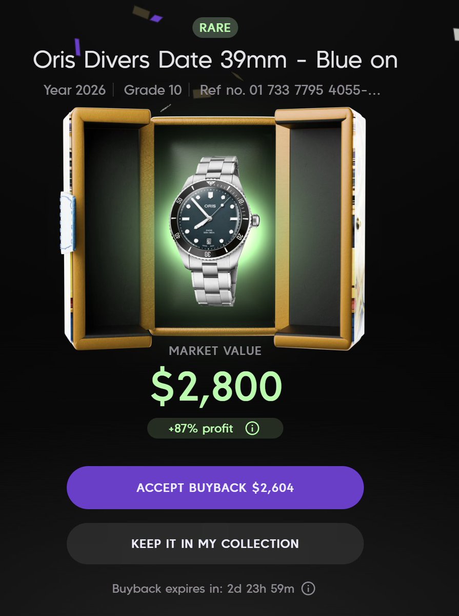 watch_tsar's tweet photo. DAY 4

every pack on @watchdotfun. day 4.

this one: Gold Pikachu, $1,500

got Oris Divers Date 39mm

$2,800 https://t.co/Zu4oILuaQT