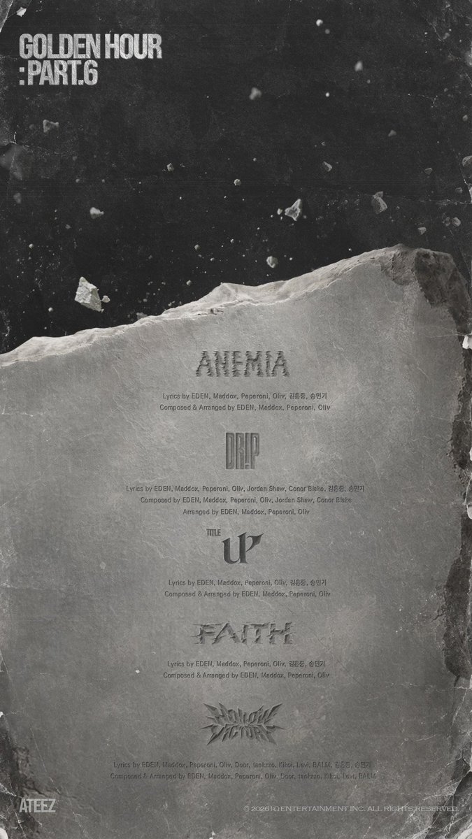 1024updates's tweet photo. GOLDEN HOUR : Part.6 Tracklist

01 Anemia
02 Drip
03 UP (Title)
04 Faith
05 Hollow Victory

#ATEEZ #에이티즈 #GOLDENHOUR_Part6 https://t.co/n2BSYPReGa