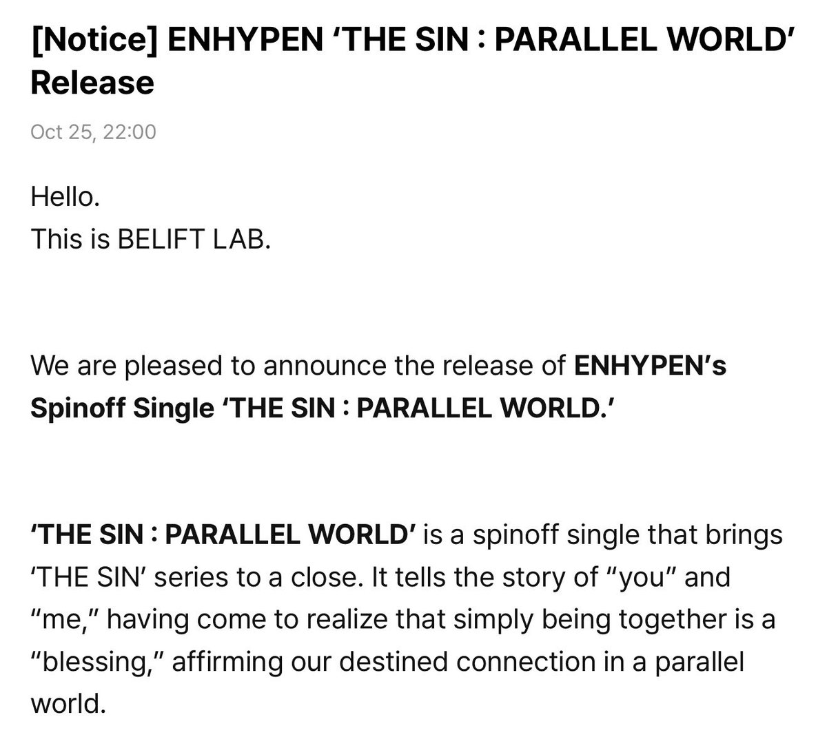 wywanny's tweet photo. กรี๊ดดดดดดด ร้องเอนไฮเพนจะปล่อย Spinoff Single วันที่ 23/11 ใช้ชื่อบั้มว่า “THE SIN : PARALLEL WORLD”

ตามเนื้อหาบอกว่า THE SIN : PARALLEL WORLD เป็น Spinoff Single ที่จะปิดซีรีส์ของ THE SIN โดยการเล่าเรื่องของ “เธอ” และ “ฉัน” ที่คิดได้ว่า แค่การที่ได้อยู่ด้วยกันก็ถือเป็น “พร” 

ตื่นเต้นๆๆๆ😭😭😭