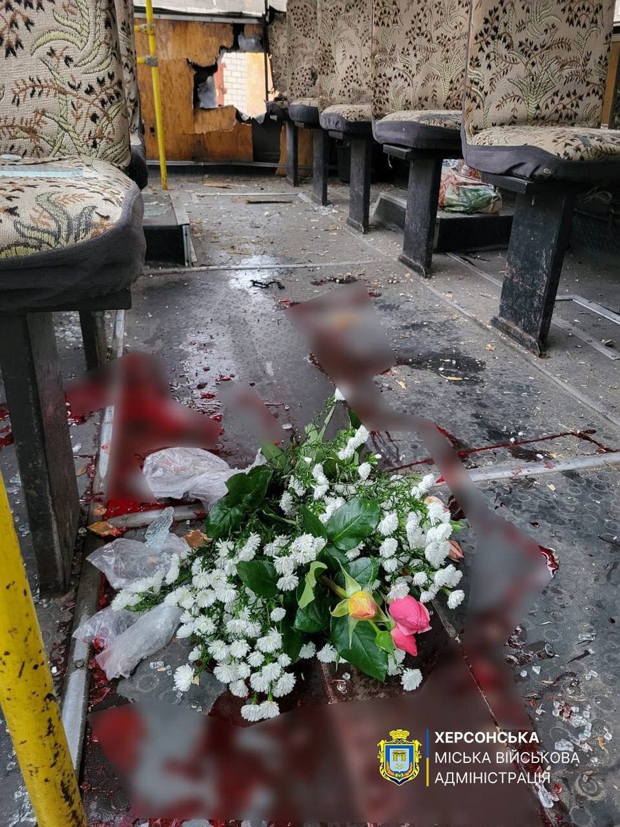 CrimeanVoyager's tweet photo. russians attacked a packed passenger bus in Kherson.

A bus full of civilians, just going about their lives.

russia is deliberately terrorizing civilians. The world must stop treating this as normal. https://t.co/peLozB78SI