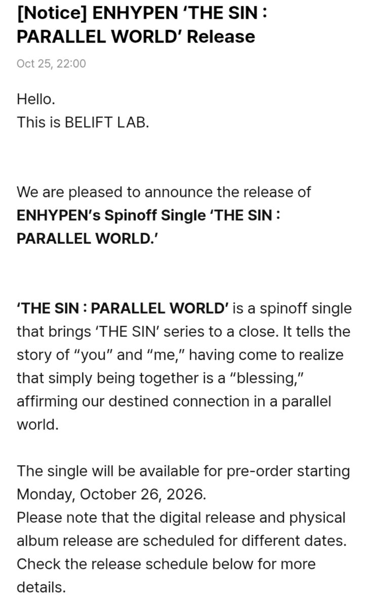 jakeyclub's tweet photo. ENHYPEN SPINOFF SINGLE ‘THE SIN : PARALLEL WORLD’ 😭

Digital Track: November 20, 2026 (2 PM KST)
Album: November 23, 2026 (12 PM KST) https://t.co/6DOQpxFj9h