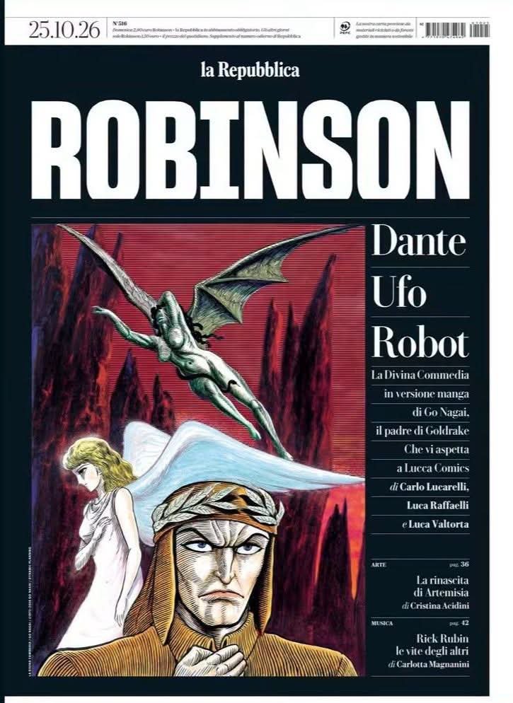 FumodiChina's tweet photo. Oggi nel supplemento #Robinson con @Repubblica cover e prime 10 pagine dedicate a @LuccaCandG , con intervista di Luca Valtorta a Go Nagai, mini guida alla manifestazione di @RaffLuc, un'intervista di Carlo Lucarelli a Vittorio Giardino e un incontro con @Troisi_Licia! 💥❤️ https://t.co/X8wajmmYBF