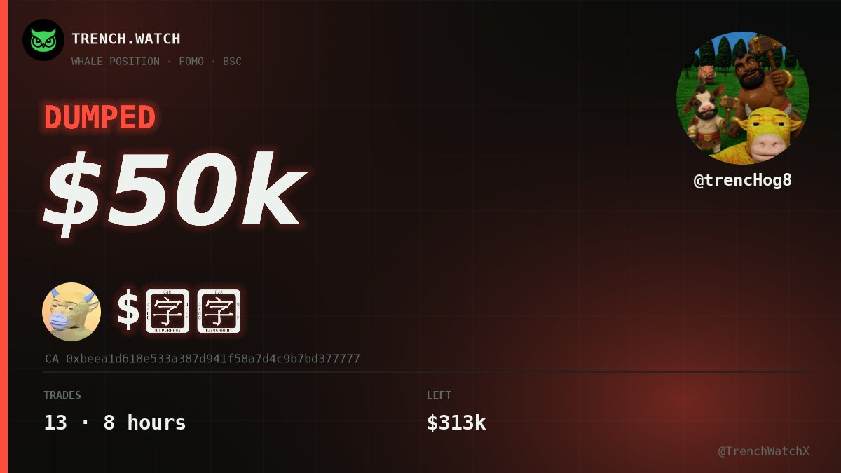TrenchWatchX's tweet photo. $50k DUMPED 📉

trencHog8 dumped $牛来 in 13 trades over 8 hours

still holds $313k https://t.co/0AwSd8UTF9