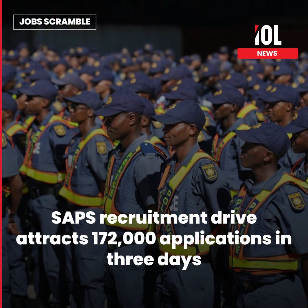 IOL's tweet photo. Over 172,000 chase 5,500 SAPS trainee posts as online recruitment portal surges underlining South Africa’s desperate youth job search, Colonel Amanda van Wyk confirmed more than 172,000 hopefuls—over 95,000 of them women—applied for just 5,500 police trainee positions in three days.
Read on: https://t.co/7sT2lL9eoI
#SAPSRecruitment #SAPS #AmandaVanWyk #JobCreation #YouthEmployment