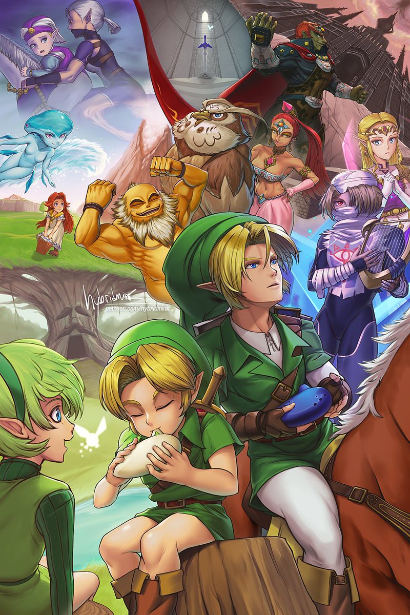 hybridmink's tweet photo. I've always wanted to do a big Ocarina of Time piece and with the remake coming out, it seemed like now was finally the right time to do it! I tried including various scenes to tell stories from both eras of Link's journey. 
#Linktober #ZeldaOcarinaOfTime https://t.co/kahavfWkMy