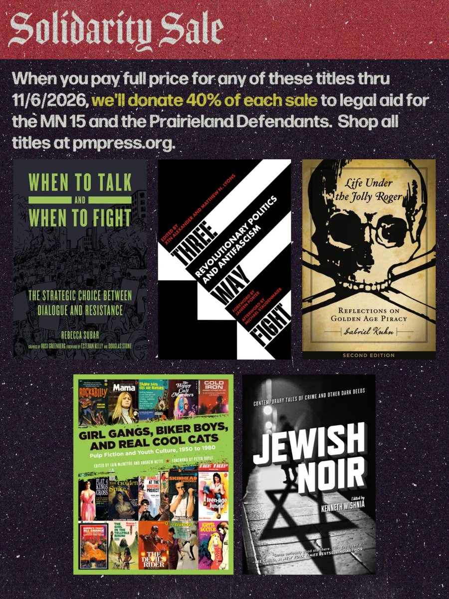 PMPressOrg's tweet photo. Support the Prairieland Defendants and the MN 15! When you pay full price for select titles thru 11/6/26, we’ll donate 40% of each sale to legal aid for the defendants.
Shop all titles at https://t.co/k0o6PZqRSV.
Shop all benefit merch here: https://t.co/ftYjllsIr7 https://t.co/3g12r0GvN7