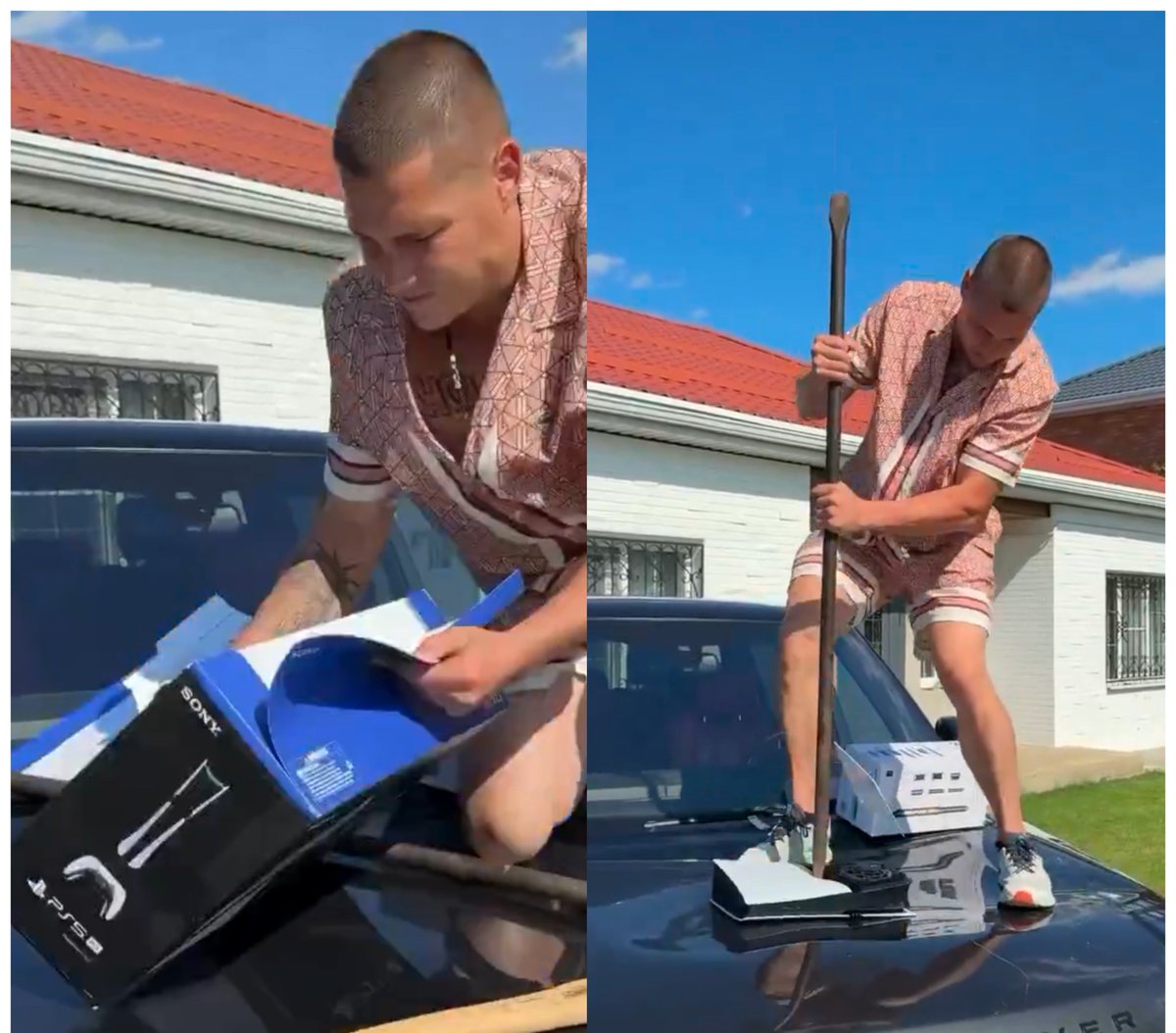 mrpyo1's tweet photo. A man very mad at Sony and Playstation went so far as buying a new PS5 PRO, only to destroy using a spear! https://t.co/rWjf3zhEUs